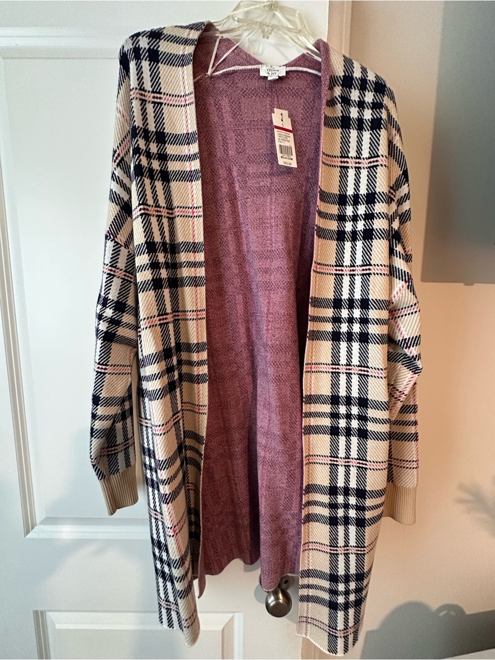 Crown & Ivy Plaid Open-Front Cardigan in Cream and Navy